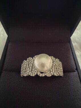 Natural Pearl and Moissanite in Silver Adjustable Ring